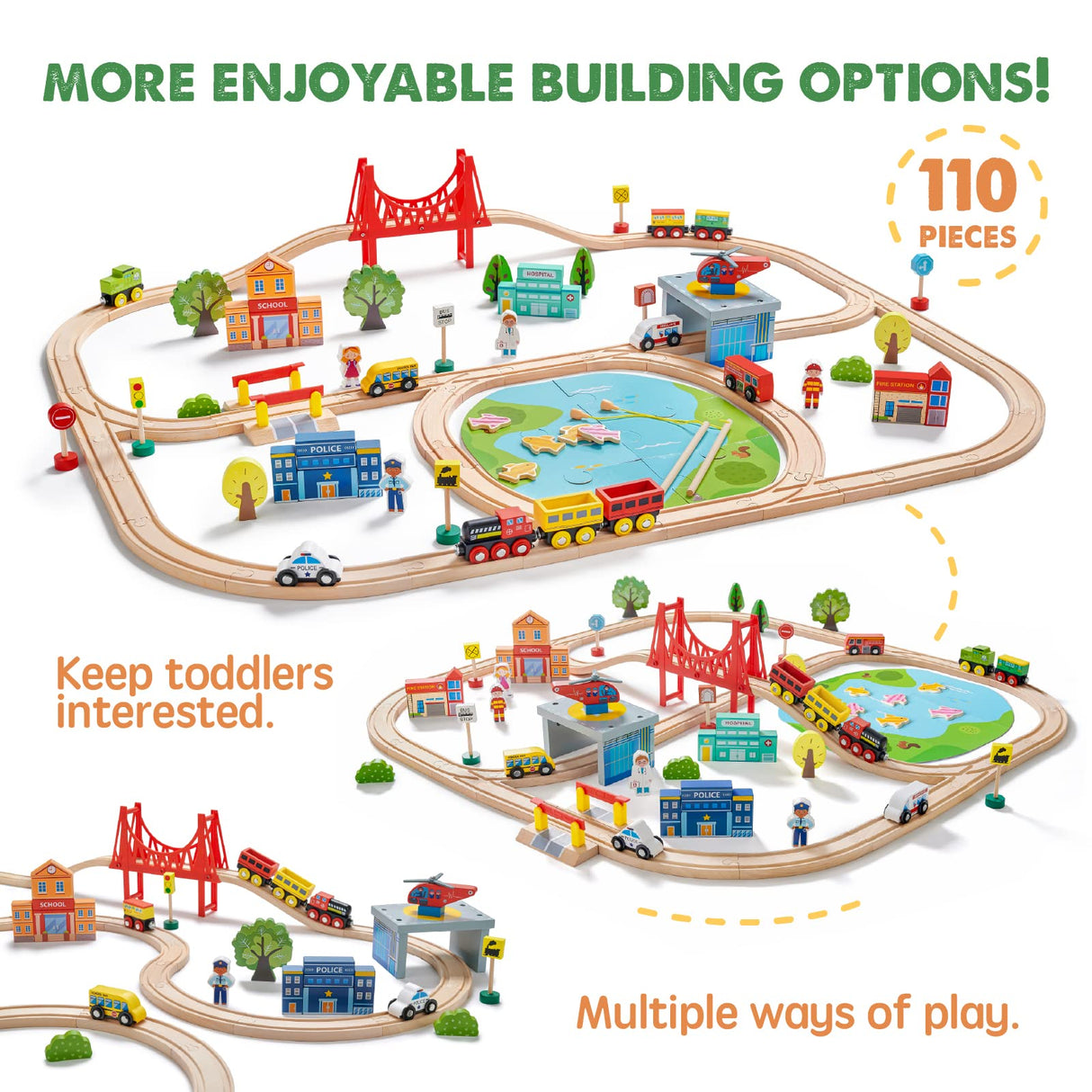 Tiny Land Train Set 110pcs Wooden Train Set, Toy Train for Boys & Girls with Wooden Train Track, Wooden Toys for 3-7 Years Old Toddlers & Kids, Tiny Land