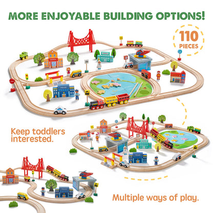 Tiny Land Train Set 110pcs Wooden Train Set, Toy Train for Boys & Girls with Wooden Train Track, Wooden Toys for 3-7 Years Old Toddlers & Kids,