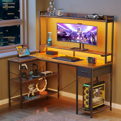 Seventable Gaming Desk with LED Light & Power Outlets, 47 inch Computer Desk with Shelves, Reversible L Shaped Desk with Monitor Stand, Corner Desk for Small Space, Rustic Brown - WoodArtSupply