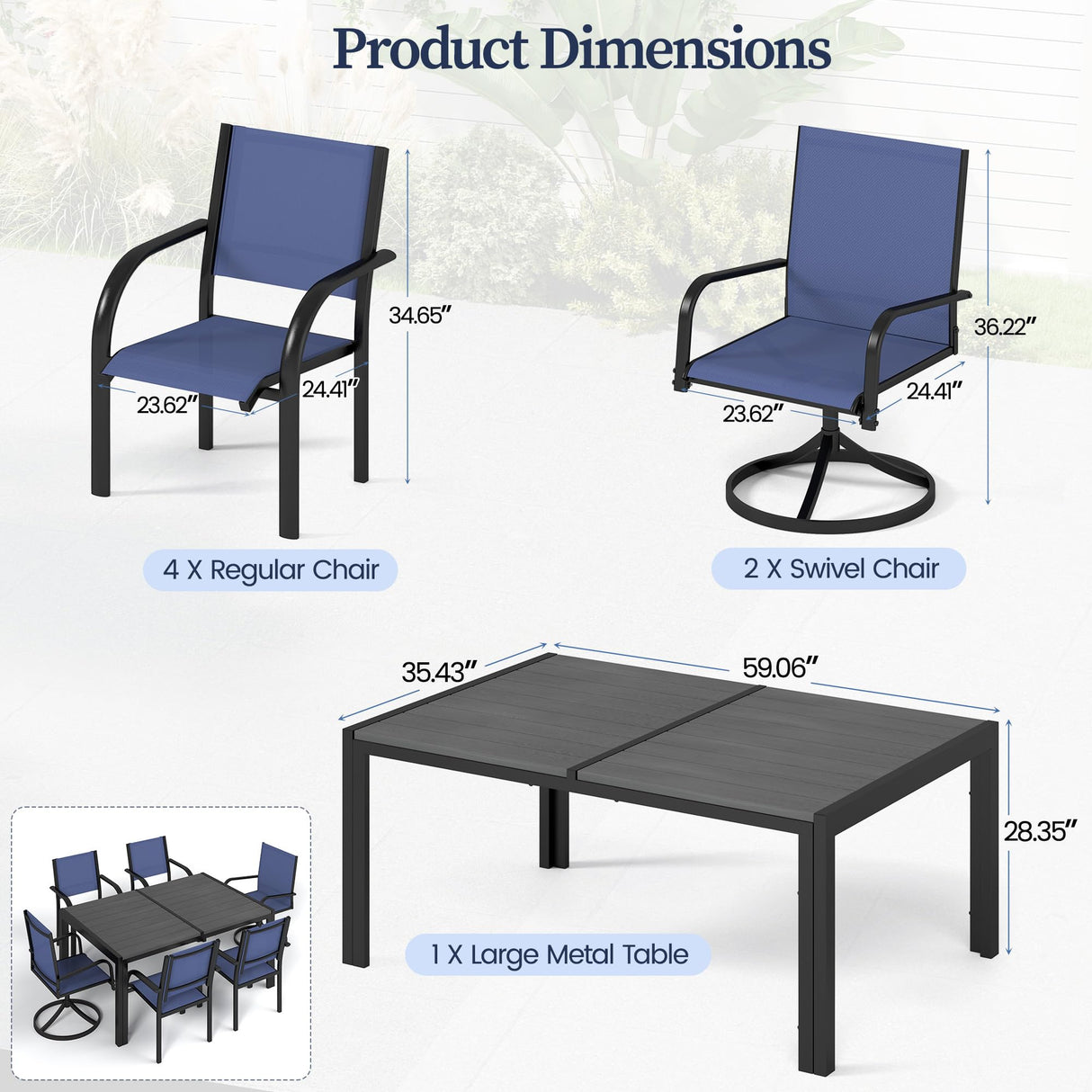 SEGMART 7-Piece Outdoor Patio Dining Set for 6, 59” Table with 4 Textilene Dining Chairs & 2 Swivel Chairs, Patio Furniture Set with Durable Metal Frame for Backyard Garden, Deck, and Poolside (Blue) SEGMART