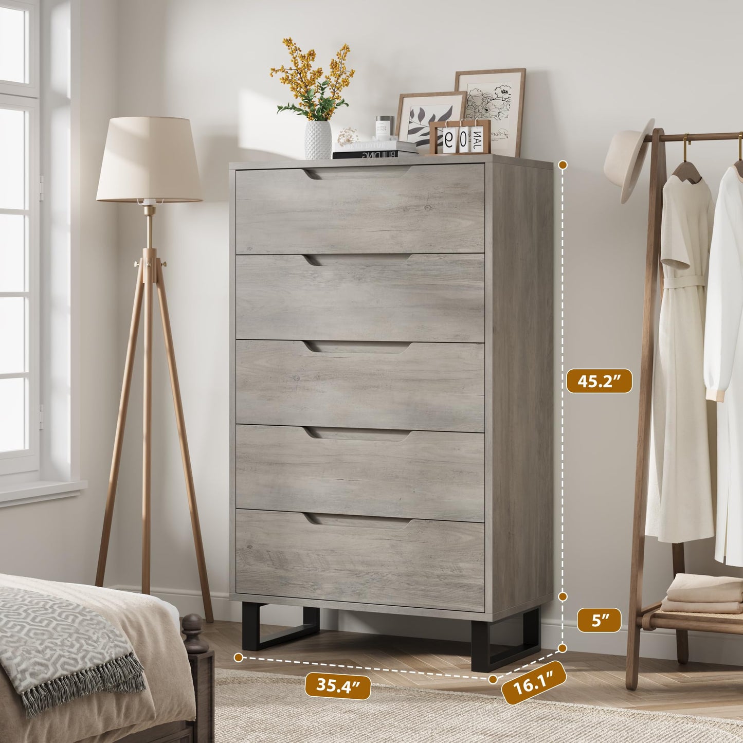 GarveeHome 5 Dresser for Bedroom, 51" Tall Dresser, Freestanding Vertical Drawer Dresser with Storage, Wooden Closet Dresser Storage Dresser Chest for Living Room, Hallway, Entryway, Ash Grey