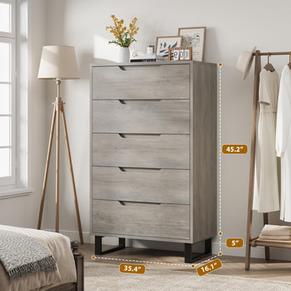 GarveeHome 5 Dresser for Bedroom, 51" Tall Dresser, Freestanding Vertical Drawer Dresser with Storage, Wooden Closet Dresser Storage Dresser Chest for Living Room, Hallway, Entryway, Ash Grey