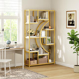 LGHM White and Gold Bookshelf Set of 2 with Metal Frame, 5 Tier Geometric Bookcase, Adjustable Modern Book Shelf with 18 Open Storage Shelves, Display Shelf for Living Room, Office, Bedroom LGHM
