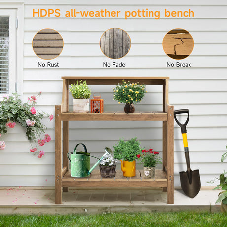 ONBRILL Potting Bench Table, HDPS Potting Bench with 4 Side Hooks, All-Weather Garden Table Work Station, Outdoor Potting Table for Porch, No Rust, No Fade, No Break, 360lbs Capacity (Teak, Large) ONBRILL