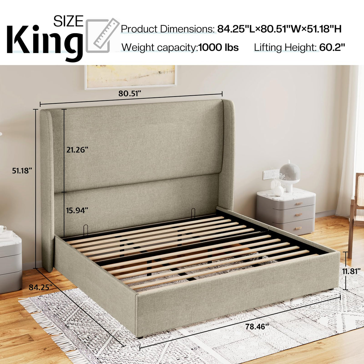 Jocisland King Size Bed Frame with Lift Storage Bed Linen Platform Bed with Wingback Headboard/Hydraulic Storage/No Box Spring Needed/Wood Slats Support/Khaki Jocisland
