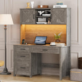Farmhouse 67" H Executive Desk with Hutch, 4 Drawers and LED Light, Computer Desk with Storage Cabinet & File Drawers and Charging Station, Workstation for Home Office and Study. Befrases