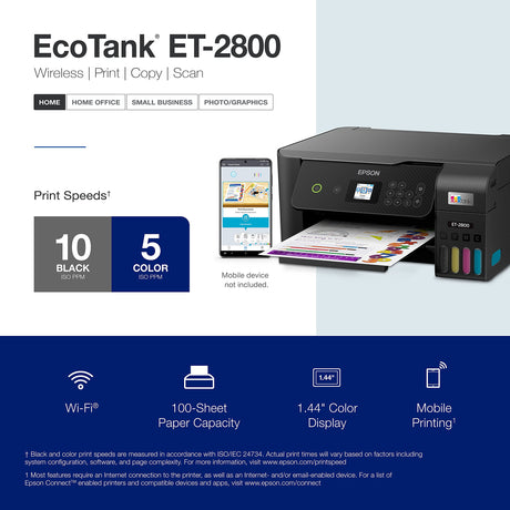 Epson EcoTank ET-2800 Wireless Color All-in-One Cartridge-Free Supertank Printer with Scan and Copy â€“ The Ideal Basic Home Printer - Black, Medium Epson