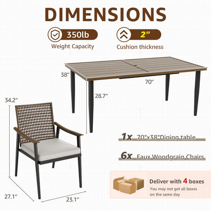 NATURAL EXPRESSIONS 7 Piece Patio Dining Table Outdoor Furniture Set, 6 Rattan Wicker Chairs with Cushions and 70” Large Dining Table with 1.65'' Umbrella Hole for Patio, Garden, Porch, Pool  - WoodArtSupply