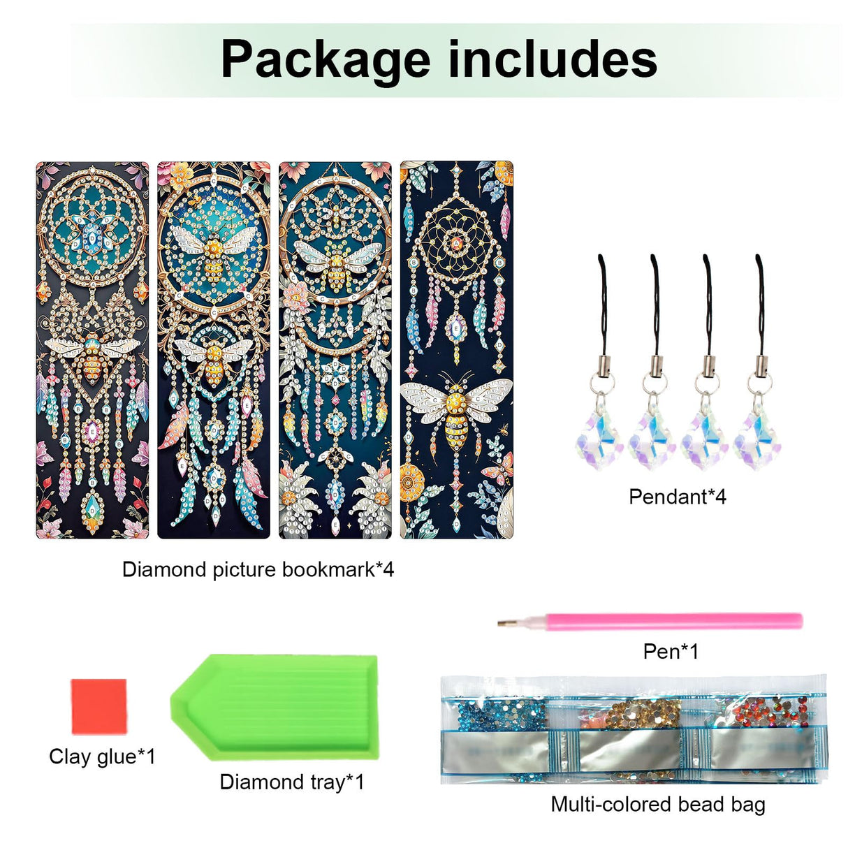 MVVMTOP 4pcs 5D Diamond Art Painting Bookmarks with Crystal Pendant, DIY Dreamcatcher & Bees, Pecial Shape Crystal Diamond Partial Art Bookmarks for Book Lovers MVVMTOP