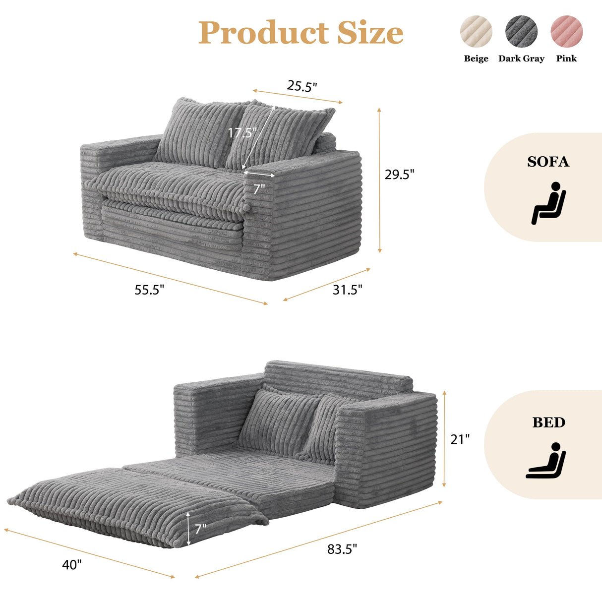 Loveseat Sleeper Sofa, Convertible Sofa Bed Couch Futon Couches for Living Room, 3-in-1 Pull Out Floor Couch with Washable Cushion and Pillows, Dark Grey YOSHOOT