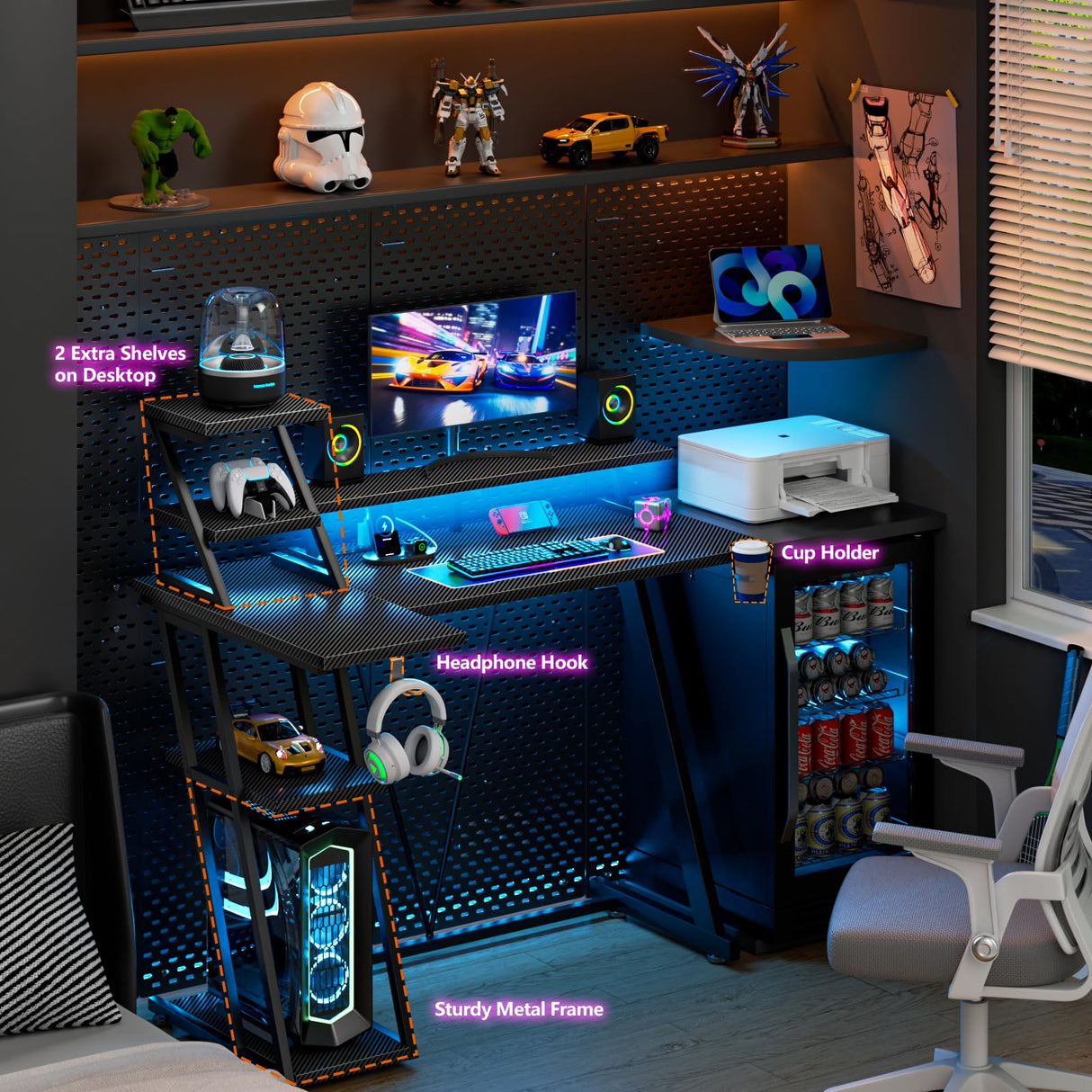 Korfile L Shaped Gaming Desk with LED Lights & Power Outlet, 39 Inch Computer Desk with Extra Storage Shelves, Reversible Gamer Workstations with Monitor Stand for Bedroom, Carbon Fiber Black Korfile