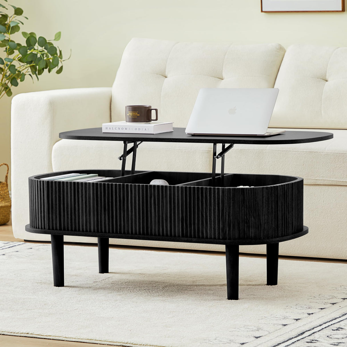 Fluted Lift Top Coffee Table with Hidden Compartment, Fully Assembled Wooden Center Table, Modern Oval Lift Tabletop for Home Living Room Office, Black ORRD