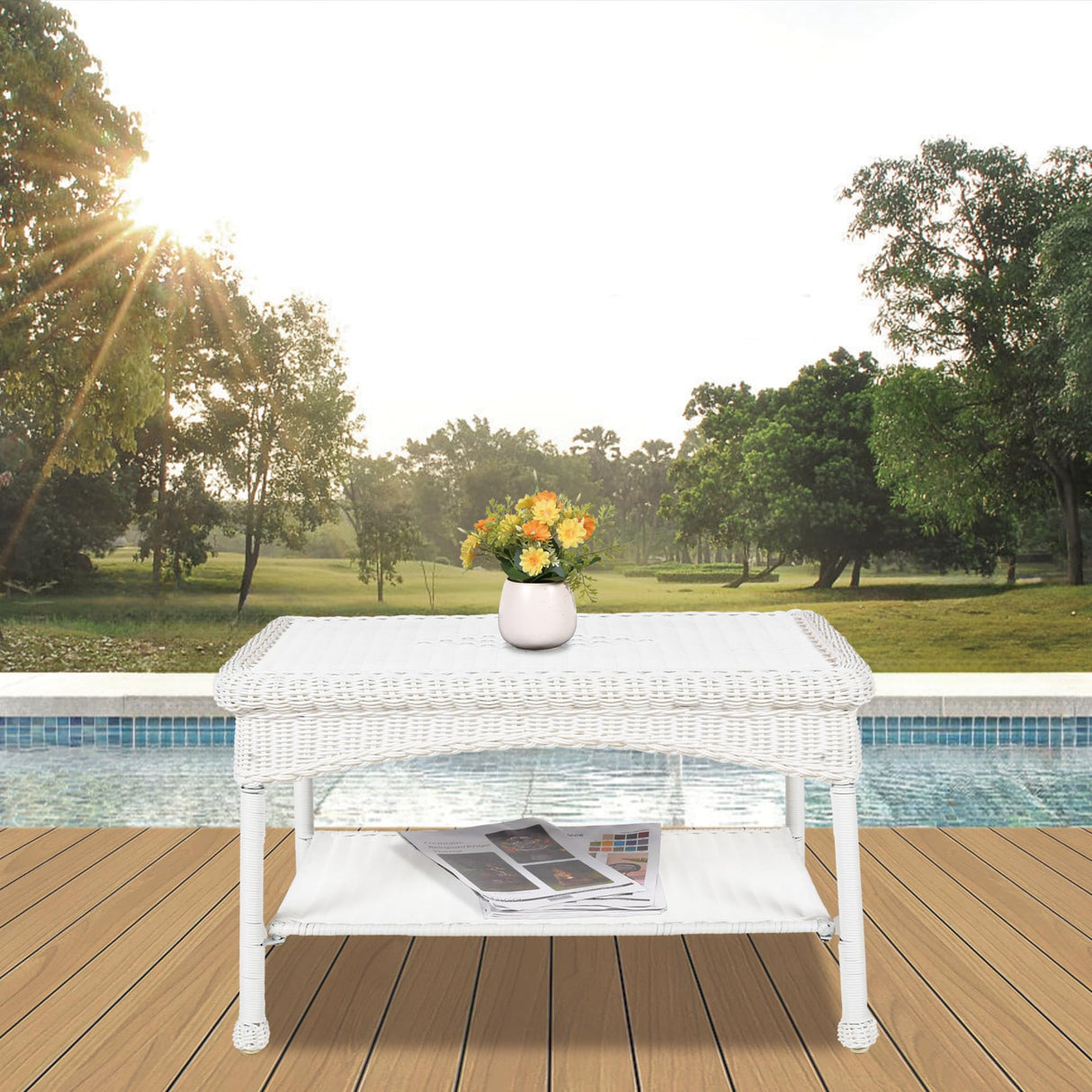 Jeco Inc White Wicker Patio Coffee Table Jeco