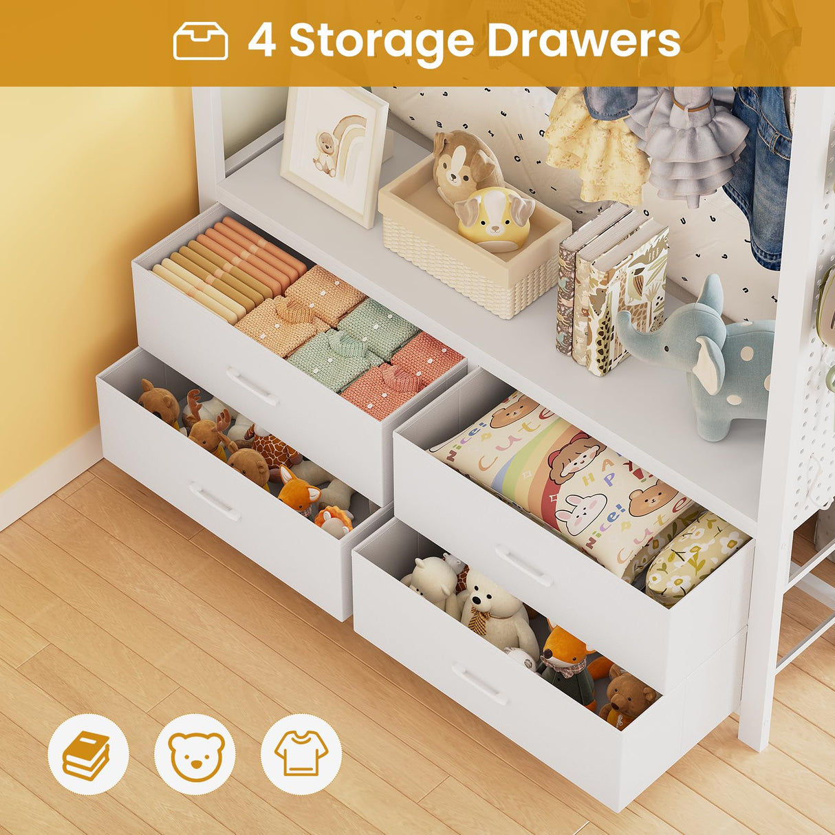 Itaar Metal Bunk Bed Twin Over Twin with Hall Tree, Power Outlet, LED Bunk Bed with 4 Storage Drawers, Bed with Safety Guardrail & Ladders, No Box Spring Needed, Easy Assembly, White Itaar