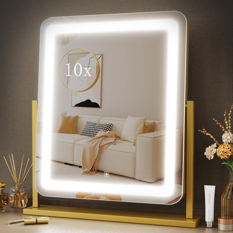 Lighted Makeup Mirror, Hollywood Vanity Mirror with Lights, Three Color Lighting Modes, and Detachable 10X Magnification Mirror, Smart Touch Control, 360°Rotation (15.2in. Gold) Gvnkvn