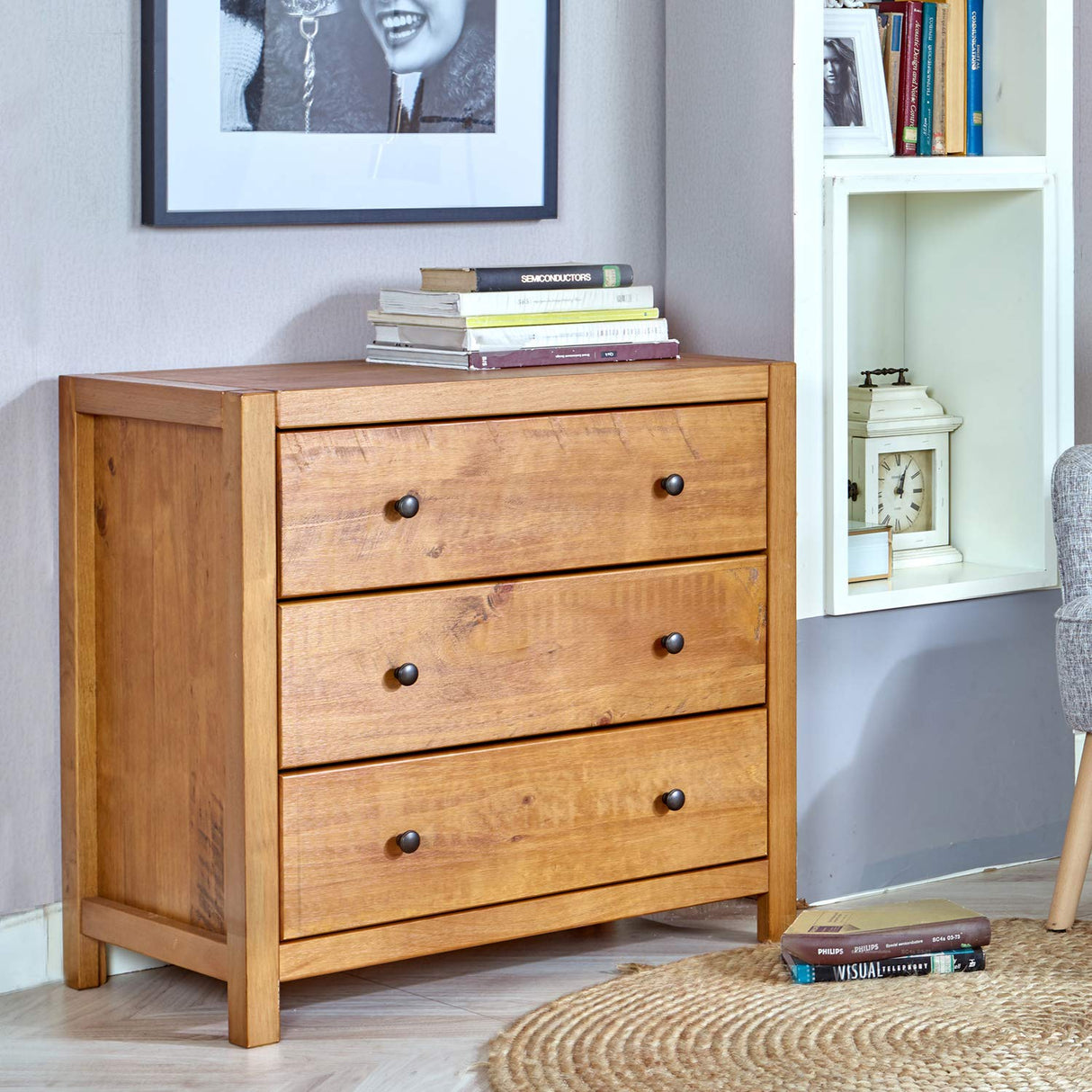 MUSEHOMEINC Rustic Ridge Farmhouse 3-Drawer Nightstand,Night Stand with 3 Drawers Dresser,Wooden Dresser with Round Metal knobs for Bedroom MUSEHOMEINC