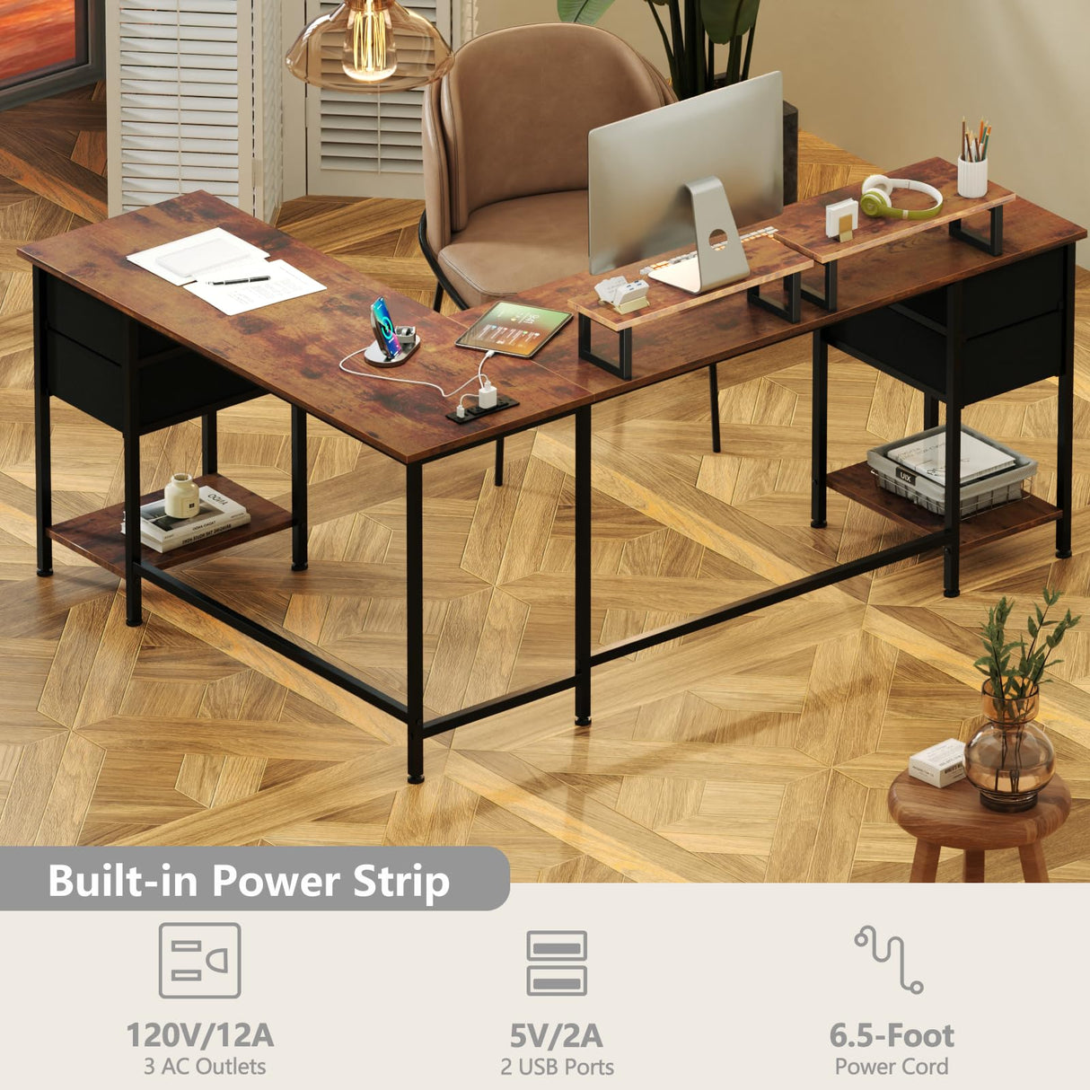 Korfile 66" L Shaped Computer Desk with Power Outlets, Home Office Desk with 4 Adjustable Storage Drawers & 2 Monitor Stands, Large Two Person Gaming Table for Writing Study, Rustic Brown Korfile