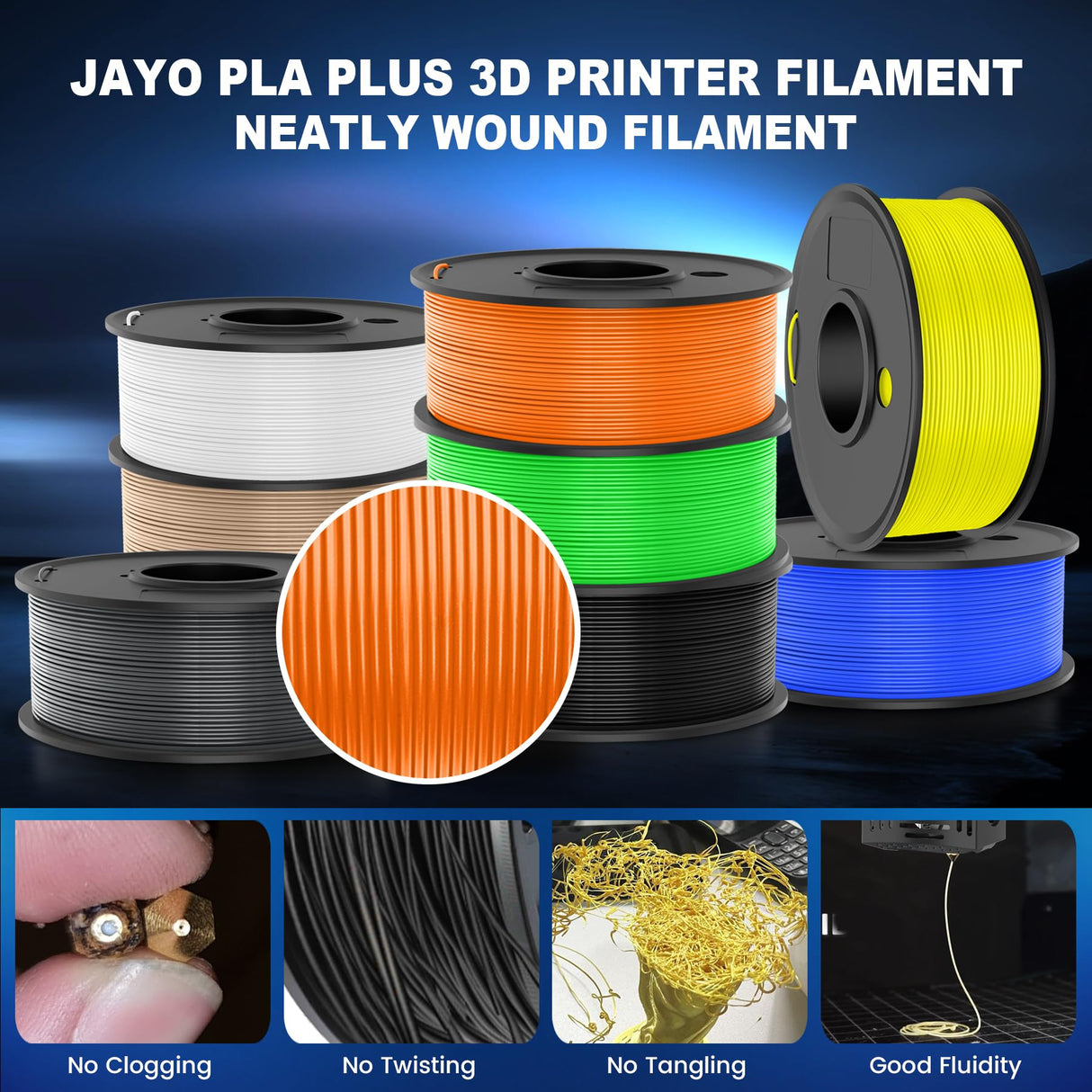JAYO PLA+ Filament Bundle 1.75mm, 3D Printer Filament Bundle Multicolor, Individually Vacuum Packed, 250g Spool, 8 Pack, 2KG in Total, Black+White+Grey+Blue+Green+Orange+Yellow+Burlywood Color JAYO