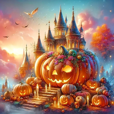 Fall Pumpkin Castle Candle Diamond Painting Kits for Adults, 5D Diamond Art Kits for Adults Beginners, DIY Full Round Drill Diamond Dot Painting Gem Art Kits for Adult, Home Wall Decor 13.8x13.8 Inch LKHMVCA