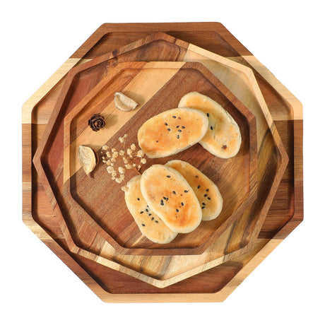 Set of 3 Acacia Wood Serving Trays (8'' 10'' 12'') Octagon Wooden Home Decor Platters for Fruit, Vegetables, Dessert, Cheese, Appetizer Serving Tray, Party Entertaining, Charcuterie Board Fumete