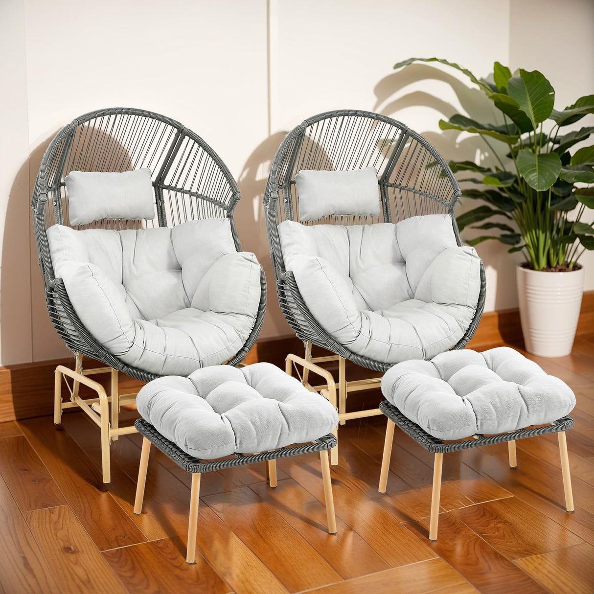 Patio Chairs Outdoor Egg Chair - Rattan Patio Lounge Rocker Chairs 4 Piece Wicker Rocking Glider Chair Set with 2 Glider Egg Chairs and 2 Ottoman for Outside Porch Deck Backyard Garden(Grey/Gery) Pugire
