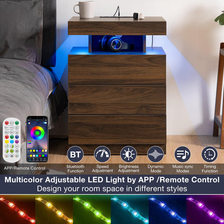 HOMMPA LED Nightstand with Wireless Charging Station & USB Ports, 3 Drawer Night Stand with LED Light RGB Adjustable Brightness, Smart Nightstand High Gloss Bedside Table for Bedroom Walnut HOMMPA