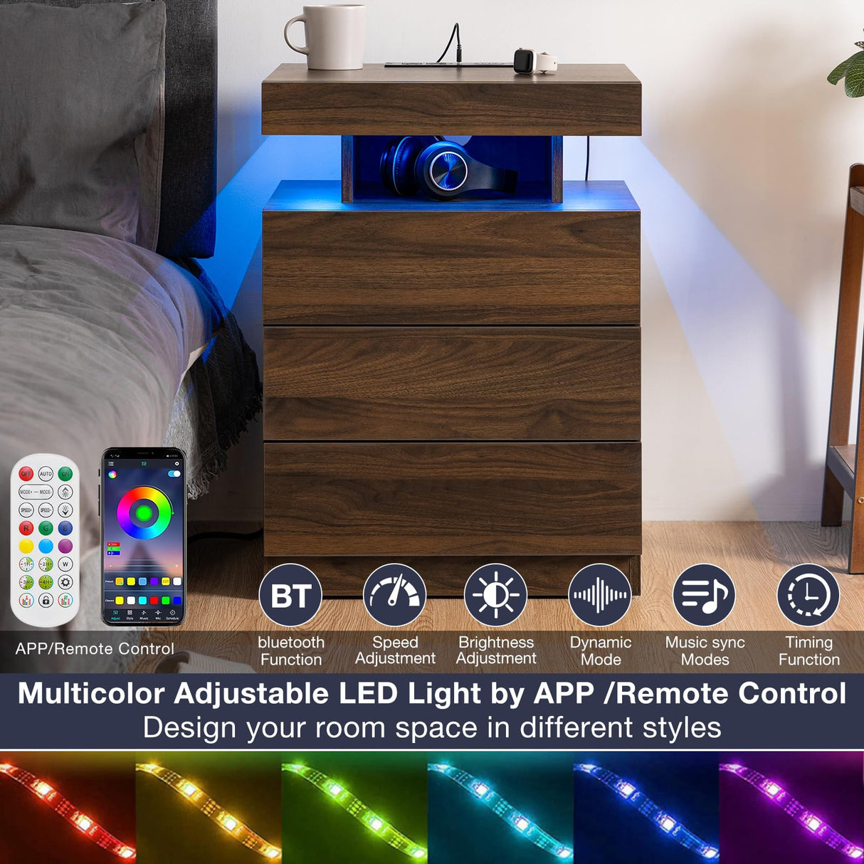 HOMMPA Rustic Brown Nightstand with Wireless Charging Station Walnut Wood LED Bedside Table with 3 Drawers End Table Smart Nightstand USB with Led Light Tall Night Stand with Open Shelf for Bedroom HOMMPA