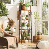 YMYNY 4 Tiers Ladder Bookcase, Industrial Narrow Bookshelf, Open Display Rack with 4 S Hooks, Metal Storage Shelves for Bedroom, Home Office, Living Room, Rustic Brown, 49.2H*13.4L*11.8W, UHBC024H YMYNY