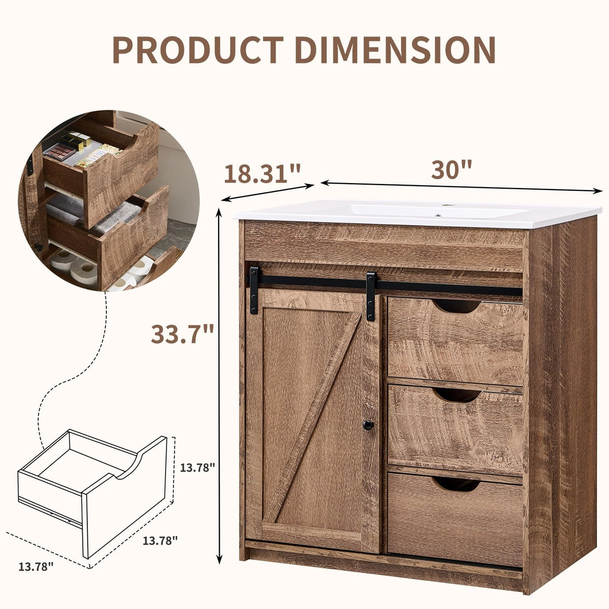 30" Farmhouse Bathroom Vanity with Sink, Bathroom Vanity w/Sliding Barn Door, Modern Bathroom Cabinet w/3 Drawers & Adjustable Shelves, Floor Standing Bathroom Vanity w/Metal Handle, Light Brown Aitjunz