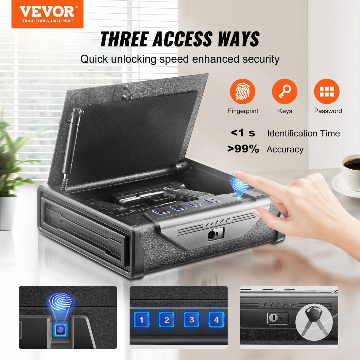 VEVOR Gun Safe for Pistols, Biometric Gun Safe with Three Quick Access Ways of Fingerprints, Passwords and Keys, Handgun Safe for 2 Pistols for Home, Bedside, Nightstand, Car VEVOR