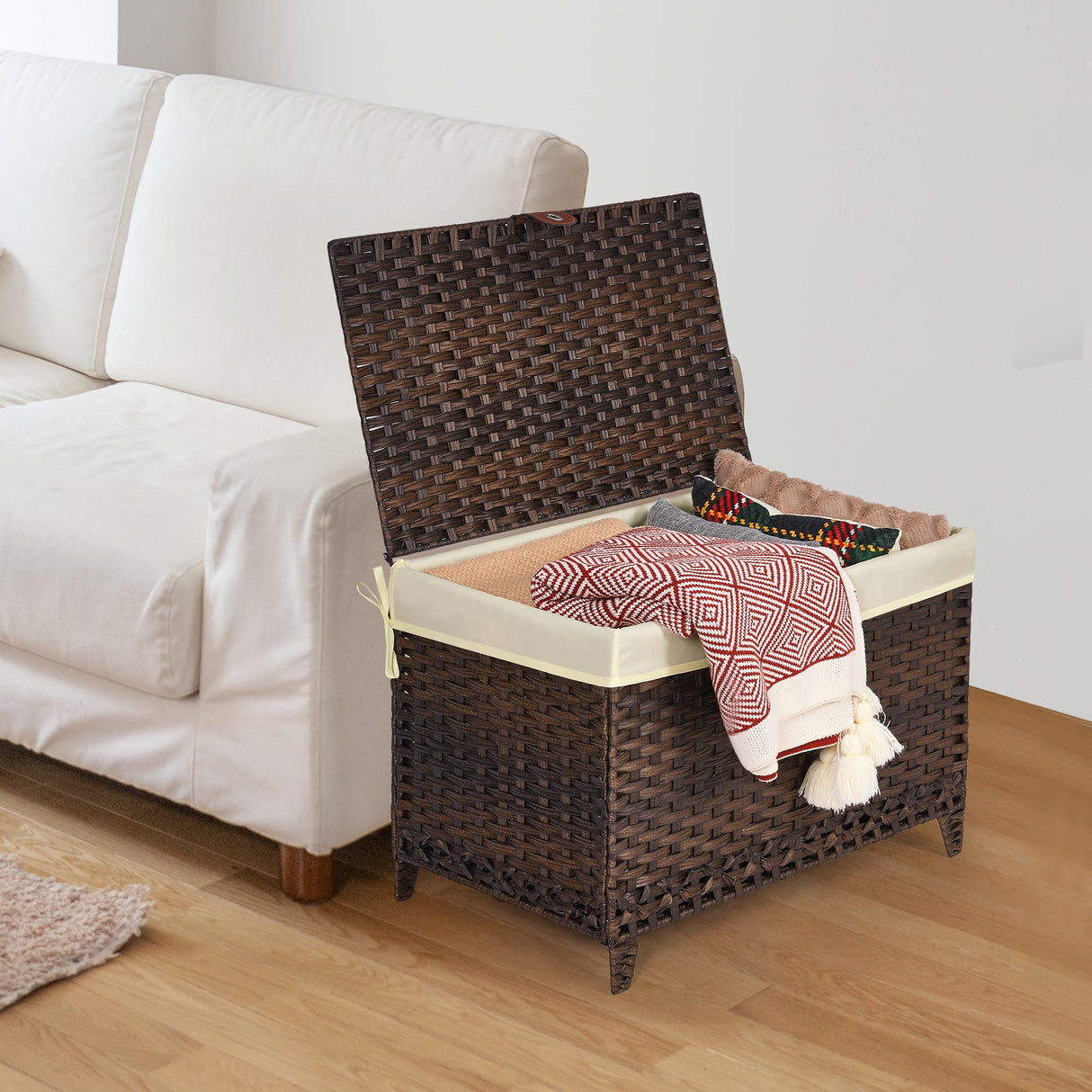 Honjourai Wicker Storage Basket with Lid,Rattan Shelf Basket with Removable Liner Bag,160L Storage Bin,Storage Trunk with Heightened Feet,Storage Container for Wardrobe,Home Organizer Honjourai