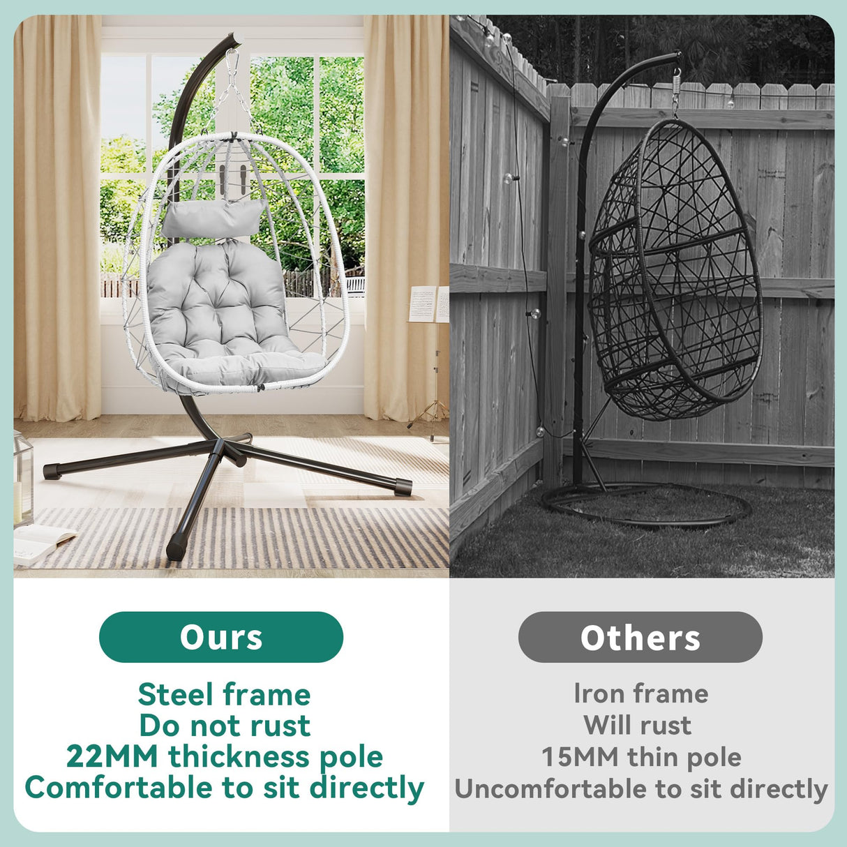 YITAHOME Hanging Egg Chair with Stand Swing Chair Wicker Indoor Outdoor Hammock Egg Chair with Cushions 330lbs for Patio, Bedroom, Garden and Balcony, Single, Light Gray YITAHOME