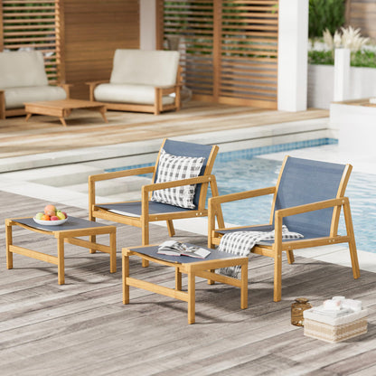 Devoko Patio Furniture Set 4 Piece Outdoor Conversation Set Acacia Wood and Textile Chairs with Footstool for Patio, Lawn, Garden, Poolside - WoodArtSupply