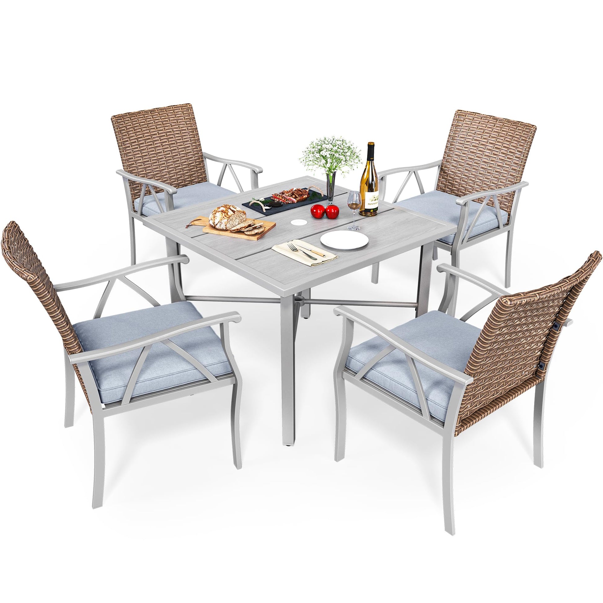 YITAHOME 5-Piece Patio Dining Set, Outdoor Wicker Conversation Furniture w/2" Umbrella Hole Imitation Wood Grain Dining Table for Backyard, Balcony and Garden - WoodArtSupply