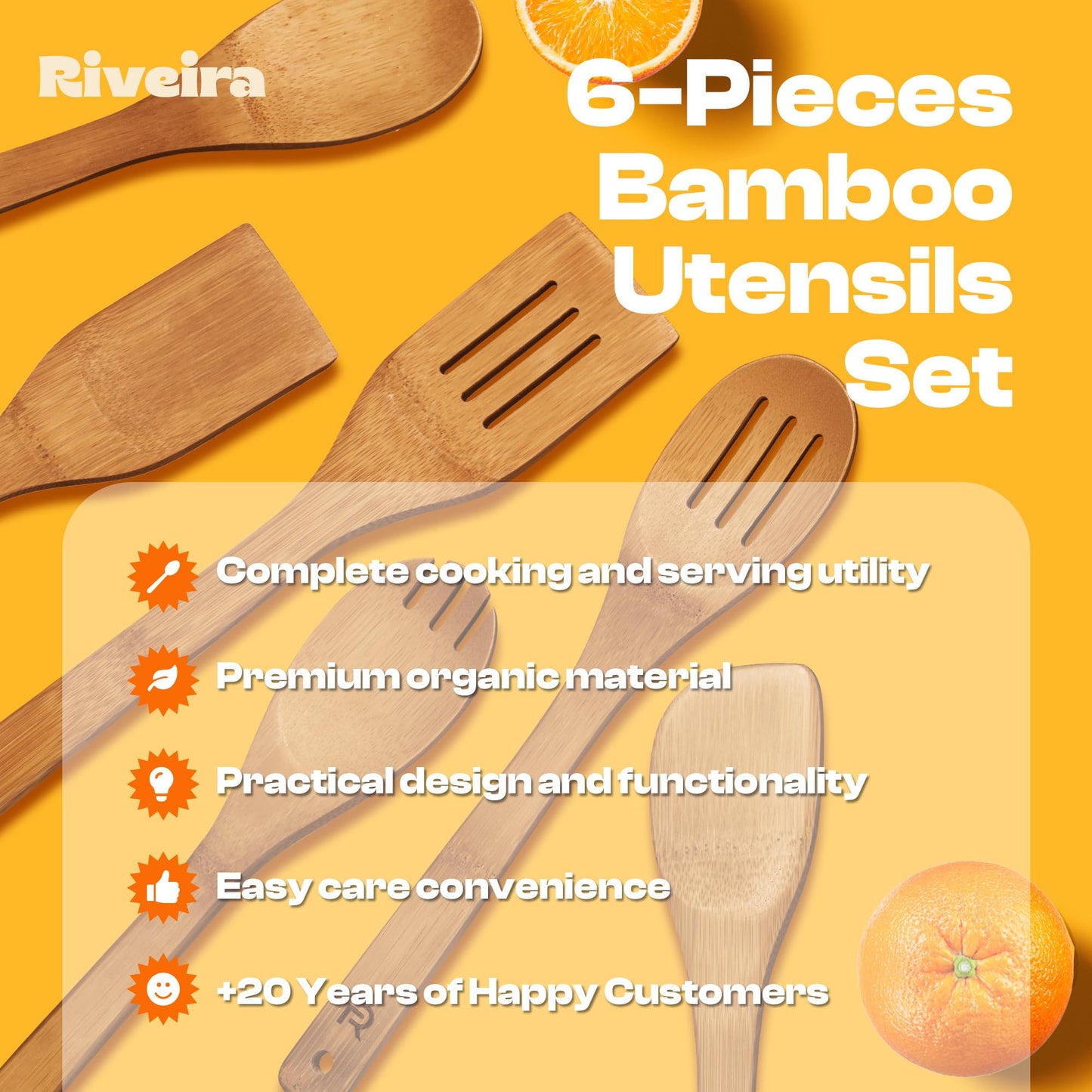 Riveira Dark Bamboo Wooden Spoons for Cooking 6-Piece, Apartment Essentials Wood Spatula Spoon Nonstick Kitchen Utensil Set Premium Quality Housewarming Gifts for Everyday Use