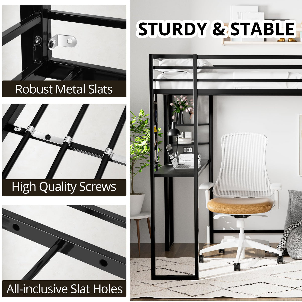 JINS&VICO Twin Size Loft Bed with Desk and Shelves, Metal Loft Bed Frame with 2 Built-in Ladders, Guardrail, Loft Bed for Juniors, Adults, Noise-Free & No Box Spring Needed, Black JINS&VICO