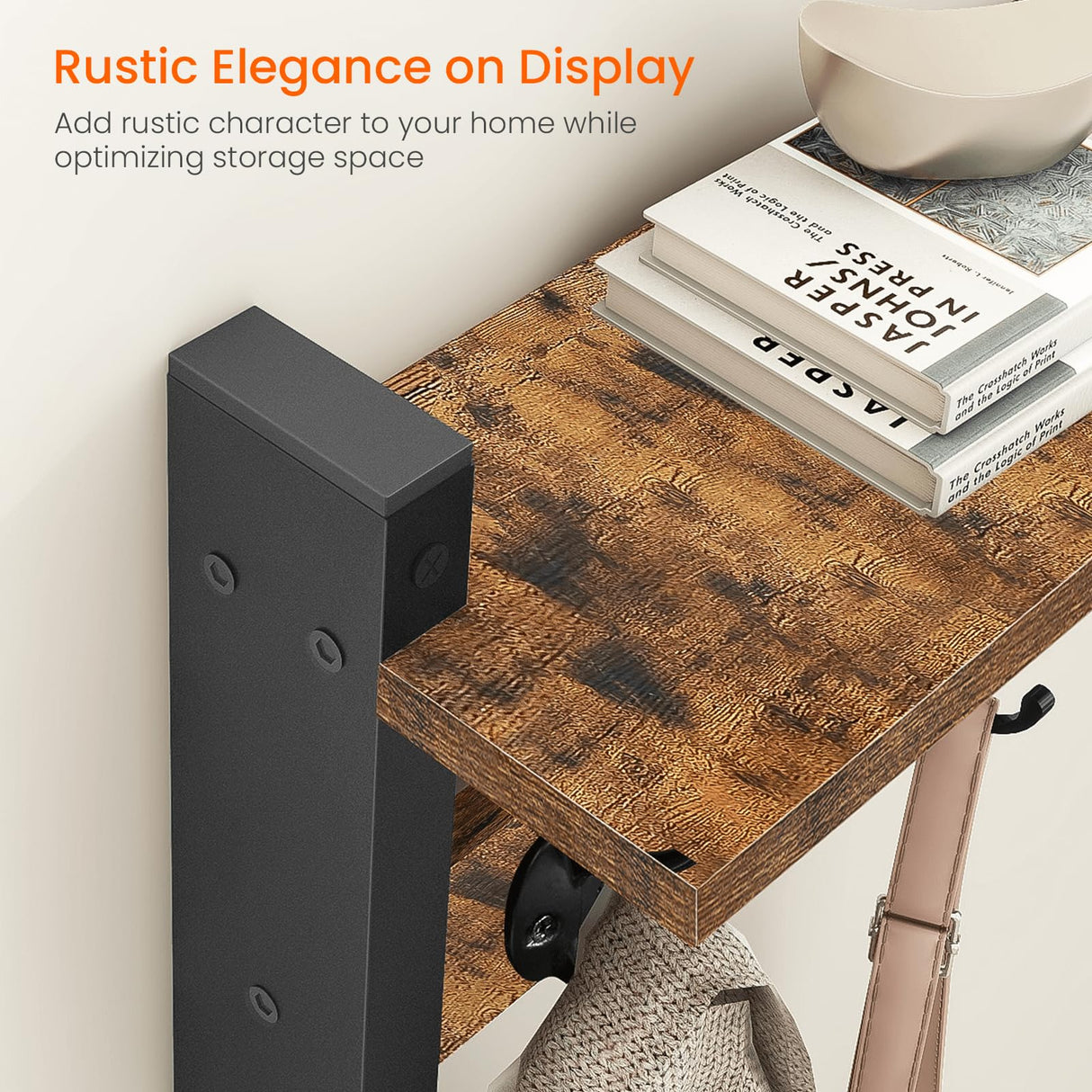 Homode Wall Hooks with Shelf, Wood Coat Rack with Shelf Wall-Mounted, Entryway Hanging Shelf with 5 Metal Hooks for Clothes Hats Towel Purse Robes, Bathroom Mudroom Bedroom, Rustic Brown Black Homode