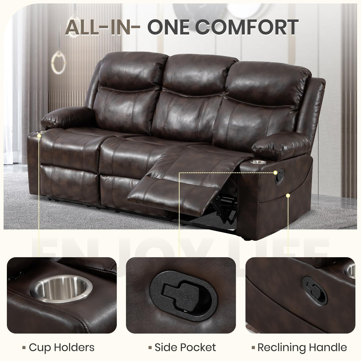 CALIVIA Manual Reclining 3-Seater Sofa with Heat & Massage, PU Leather Recliner Couch for Living Room, Faux Leather Upholstery, Deep Cushions & Sturdy Frame (Brown) CALIVIA