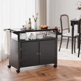 MU Outdoor Bar Cart with Storage and Wheels, Outdoor Bar Table with Tempered Glass Top & Shelf, Rolling Wicker Storage Cabinet with Rounded Handle & Side Basket for Backyard, Poolside, Garden, Black MU