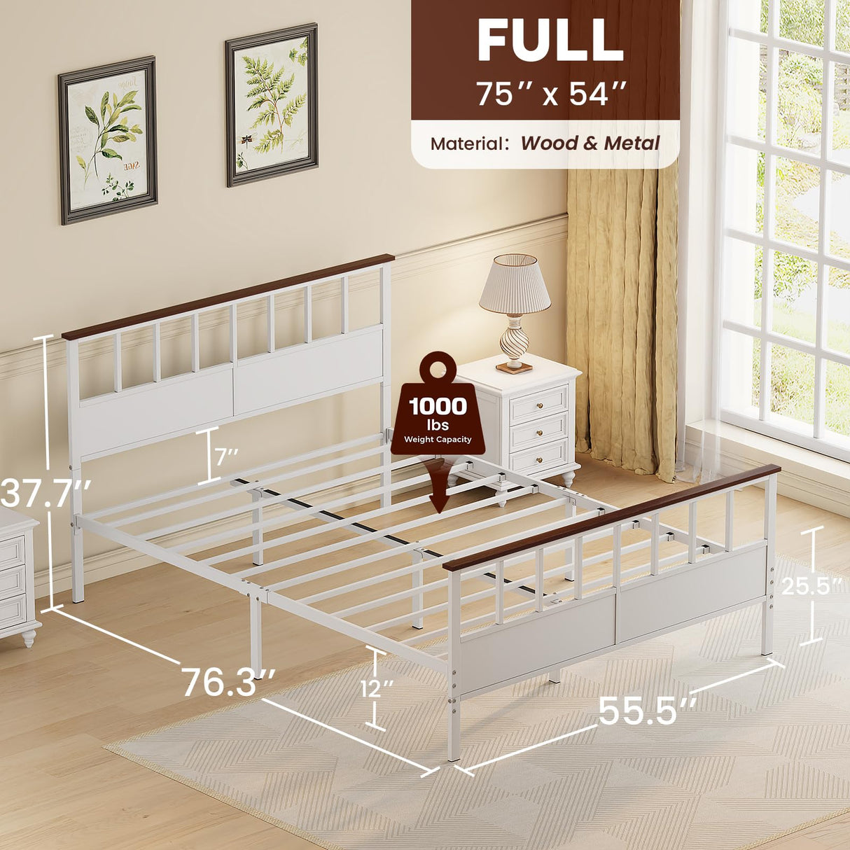 VOPEAK Farmhouse Full Size Bed Frame with Headboard and Footboard, Metal Bed Frame, Wood Platform Bed Frame Full Size with Under Bed Storage, Strong Metal Slats Support, No Box Spring Needed, Full VOPEAK