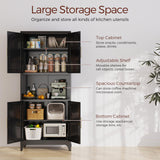 Kubohogar 75" Tall Kitchen Pantry Storage Cabinet, Metal Storage Cabinets with 4 Doors and Adjustable Shelves, Black Kitchen Hutch Cabinet with Microwave Stand, Large Cupboard for Dining Living Room Kubohogar