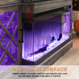 AMERLIFE Farmhouse LED Fireplace TV Stand with 3-Sided Glass Fireplace, 70" Large Entertainment Center for TVs up to 80", Rustic TV Console with Glass Door Storage for Living Room, Dark Oak Wood AMERLIFE