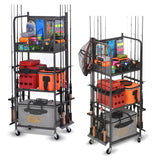 Lezbanz Heavy Duty Fishing Rod Rack with Pegboard & Hooks, Fishing Organizer for Garage Holds Up to 10 Rods, 3-Tier Fishing Gear Holder for Garage with Movable Wheels Lezbanz