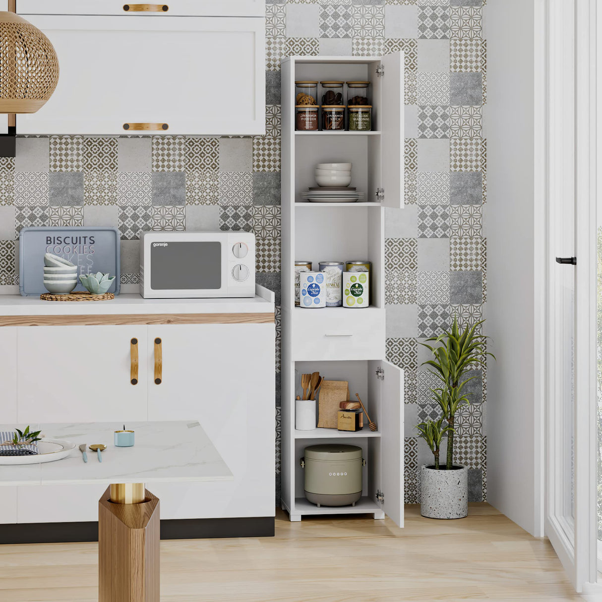 FOTOSOK 71" Elegant White Storage Cabinet with 6-Tier Display Shelf and Doors FOTOSOK
