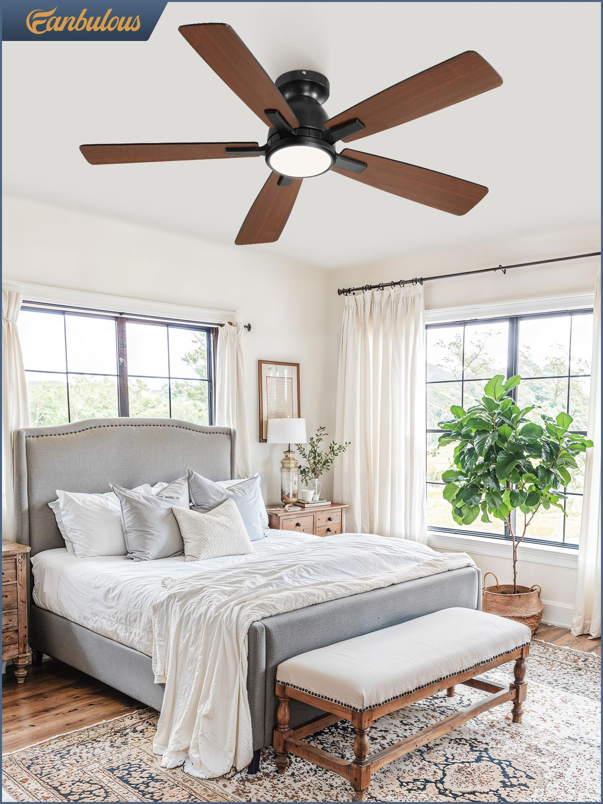 Fanbulous 46 Inch Ceiling Fans with Lights and Remote,Modern Indoor Low Profile Ceiling Fan with 3CCT 6-Speeds Quiet DC Motor,Outdoor Flush Mount Ceiling Fan For Bedroom Living Room(Black) Fanbulous