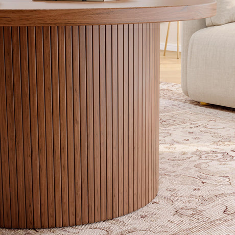 ONBRILL 31.5" Round Coffee Table, Tambour Design Coffee Tables for Living Room, Mid Century Modern Wood Coffee Table, Drum Accent Small Center Table, Walnut ONBRILL