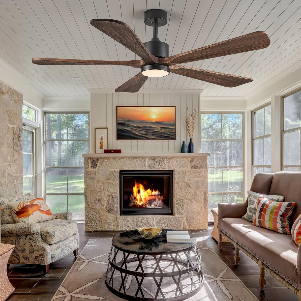 BOOSANT 52 Inch Ceiling Fan with Lights, 5 Blade Ceiling Fan with Remote Control, 5 Reversible Solid Wood Blades, 6-Speed Noiseless flush mount, Modern Ceiling Fan for Indoor Outdoor Patios Bedroom BOOSANT
