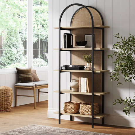 Nathan James Amara Bohemian 5-Shelf Etagere Bookcase, Rattan Open Bookshelf with Arch Top, Light Oak/Matte Black Nathan James