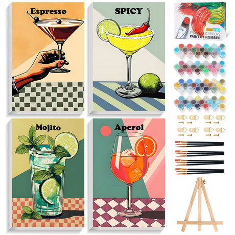 4 Pack Framed Paint by Numbers Kit for Adults with Wooden Easel, Retro Cocktail Easy Paint by Numbers with Frame for Beginners, Adult Paint by Number Kits Framed Canvas for Home Decor Gift 8x12 Inch Offito