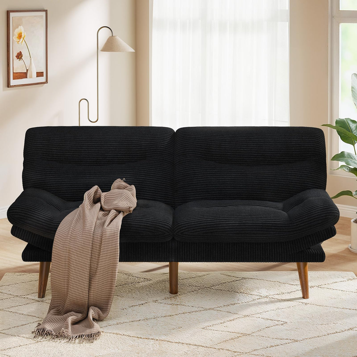 PERLECARE Convertible Futon Sofa Bed, 66" Corduroy Futon Couch with Adjustable Backrest and Armrests, 3-in-1Recliner Sleeper Sofa for Small Spaces, Play Room,Living Room or Office（Black，66 in） PERLECARE